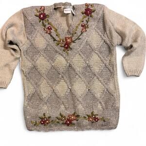 Cream and tan floral sweater with beaded detail